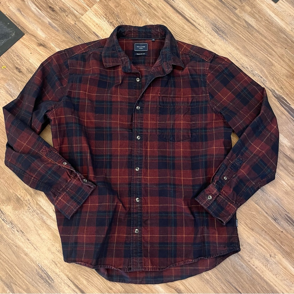 Mens 7 diamonds casual plaid corduroy button up shirt sz XL blue red